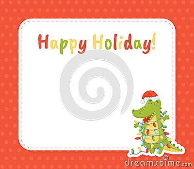 Cute Crocodile Character Holiday Greeting Card Vector Template Vector Illustration