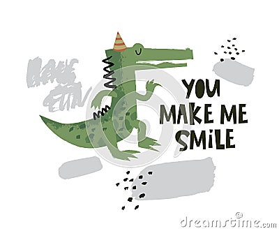Cute crocodile dancing illustration with text You make me smile on hand drawn shapes background Vector Illustration