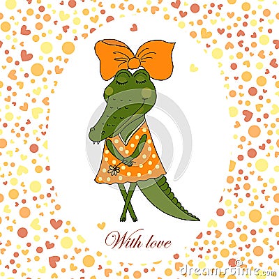 Cute crocodile girl in dress with a flower in a hand Vector Illustration