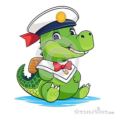 Cute Crocodile Sailor Captain Cartoon Icon Stock Photo