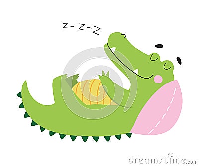 Cute Crocodile Sleeping on Pillow, Funny Alligator Predator Green Animal Character Cartoon Style Vector Illustration Stock Photo