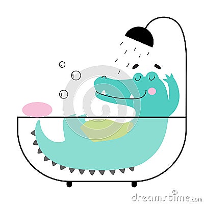 Cute Crocodile Taking Bath, Funny Alligator Predator Animal Character Cartoon Style Vector Illustration Stock Photo