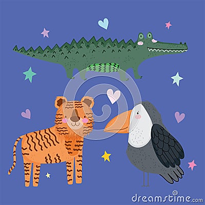 Cute crocodile tiger and parrot animal safari cartoon with leaves Vector Illustration