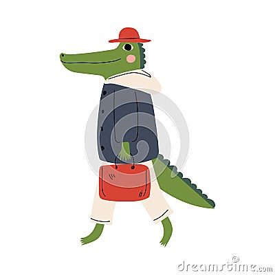 Cute Crocodile Walking with Suitcase, Funny Humanized Animal Cartoon Character with Luggage Going on Vacation Vector Vector Illustration