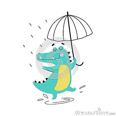 Cute Crocodile Walking with Umbrella in Rainy Day, Funny Alligator Predator Animal Character Cartoon Style Vector Stock Photo