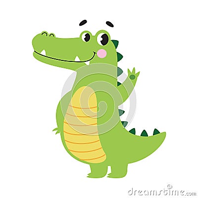 Cute Crocodile Waving its Paw, Funny Alligator Predator Green Animal Character Cartoon Style Vector Illustration Stock Photo