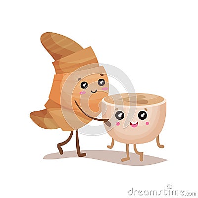 Cute croissant and coffee cup characters cartoon characters, vector Illustration Vector Illustration