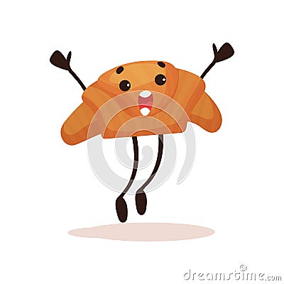 Cute croissant with funny face jumping with arms raised, humanized dessert cartoon character vector Illustration on a Vector Illustration