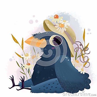 Cute crow in a hat with daisies on a summer lawn Cartoon Illustration