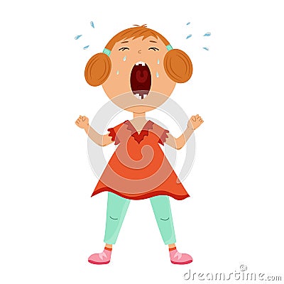 Cute crybaby girl stands and sheds tears, wide-open mouth. Character crying baby. Vector flat illustration. Vector Illustration