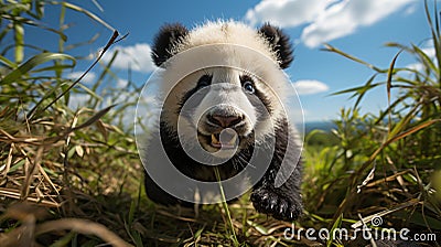 a cute cuddly baby panda in the green grass plays hops and has fun, generative AI Stock Photo