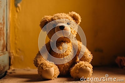 Ai Generative Teddy bear sitting on the floor in front of a yellow wall Stock Photo