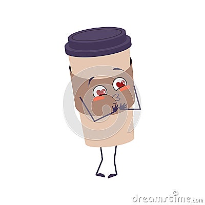 Cute cup of coffee character falls in love with eyes hearts, kiss face, arms and legs. Vector Illustration