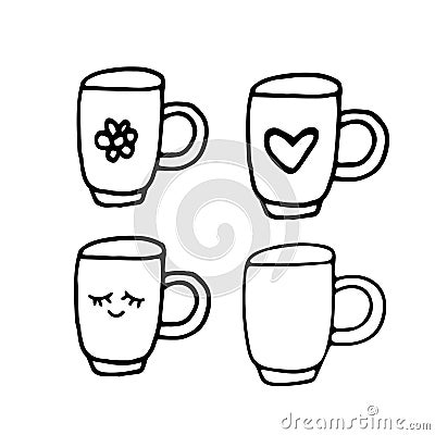 Cute cup with eyes Hand drawn in doodle style. set of elements graphics Scandinavian hygge cozy monochrome minimalism simple. Stock Photo