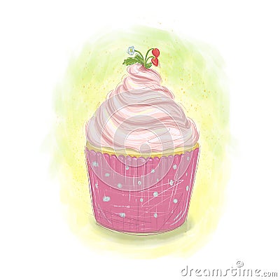 Cute cupcake with cream and little strawberries on top on the white background Cartoon Illustration