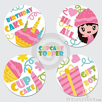 Cute cupcake girl, cake, candle, and gift box cartoon illustration for Birthday cupcake topper set design Cartoon Illustration