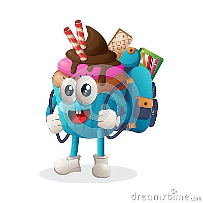 Cute cupcake mascot carrying a schoolbag, backpack, back to school Vector Illustration