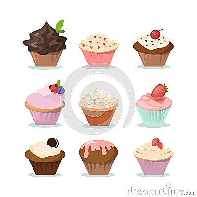 Cute cupcakes set. Vector Illustration