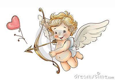 Cute cupid with bow and arrow isolated on a white background Cartoon Illustration