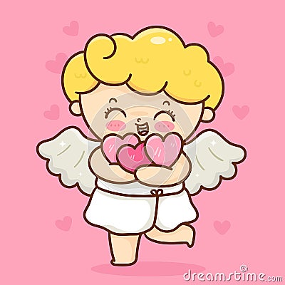 Cute cupid cartoon Valentine angel hug hearts. Stock Photo