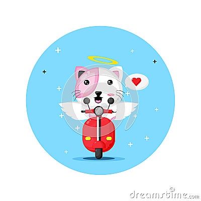 Cute cupid cat riding classic motorbike Vector Illustration