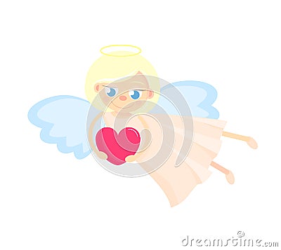 Cute cupid with heart. For a valentine or a card for Valentines Day. Nice blond girl fly Vector Illustration