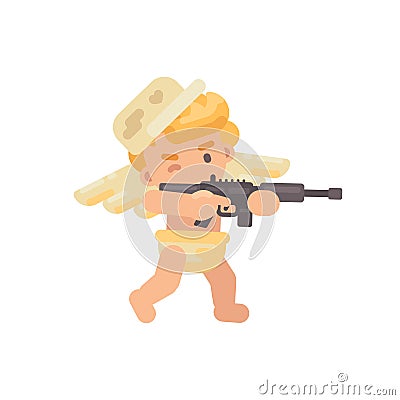 Cute cupid in a military cap shooting a rifle. Valentines Day icon Vector Illustration