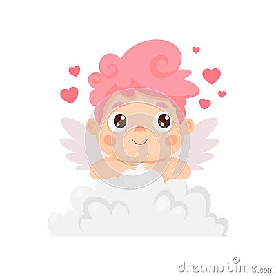 Cute cupid sitting on a cloud. Vector cartoon character for Valentine's day Vector Illustration