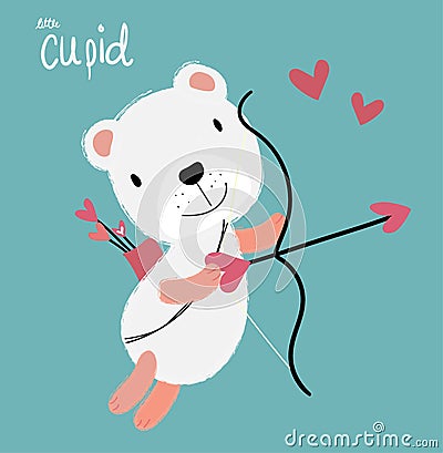 cute cupid white fluffy bear flying with heart arrow, love card Vector Illustration