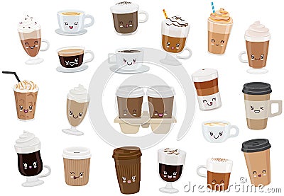 Cute cups of coffee set sticker kawaii icon. Adorable hot drinks with different facial expressions Vector Illustration