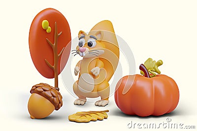 Cute 3D autumn composition on yellow background. Scene from forest life Vector Illustration