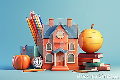 A cute 3D backpack shaped like a school on a blue background. Return to school. Banner for elementary school students. Stock Photo