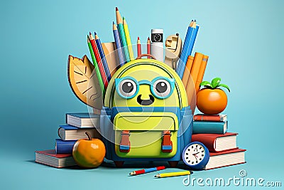 A cute 3D backpack shaped like a school on a blue background. Return to school. Banner for elementary school students. Stock Photo