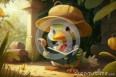 Cute 3D Cartoon Duck reading a Storybook, Generative Ai Stock Photo