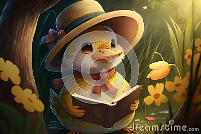 Cute 3D Cartoon Duck reading a Storybook, Generative Ai Stock Photo