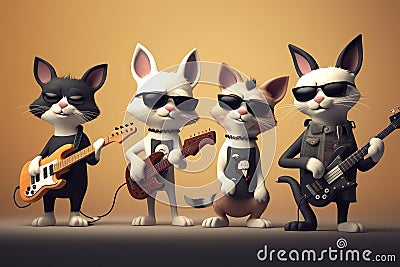 Cute 3D cartoonish cats rock band. Cartoon Illustration