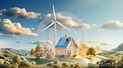 Cute 3D House With Wind Turbine And Blue Sky. Sustainable Industry And Smart House With Renewable Energies Stock Photo