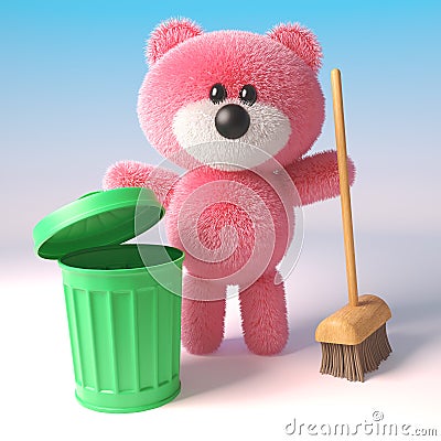 Cute 3d pink fluffy teddy bear character cleaning with a broom and green recycle bin, 3d illustration Cartoon Illustration