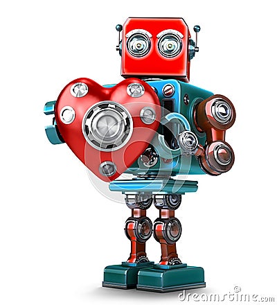 Cute 3d Retro Robot obot with red heart. . Contains clip Stock Photo