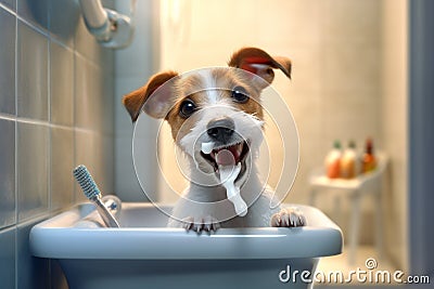 Cute dachshund dog bathes in the bath Generative AI Stock Photo