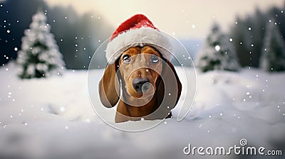 A cute dachshund dog chest deep in the snow looking into the camera, wearing Santa Claus' hat. Stock Photo