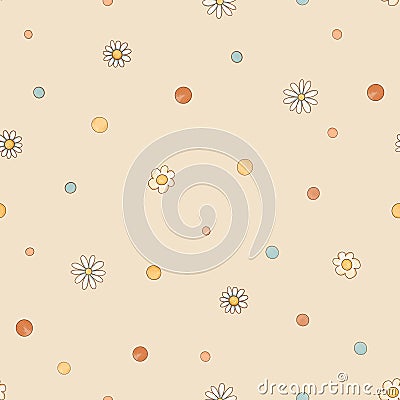 Cute daisy flowers summer seamless pattern and colorful polka dots Stock Photo