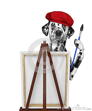 Cute dalmatian dog is a painter artist. Isolated on white Stock Photo