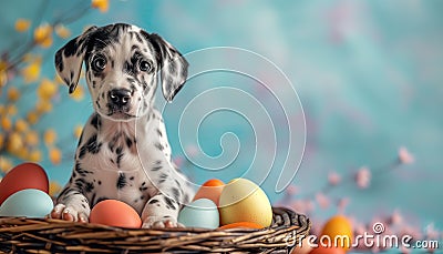 Cute dalmatian puppy and easter eggs on colorful background Stock Photo