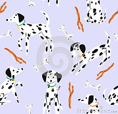 Cute Dalmatian seamless pattern. Background with a playful puppy. Vector Illustration