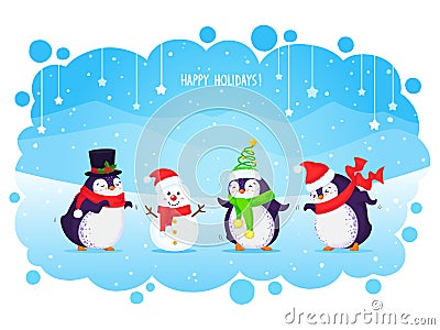 Cute dancing penguins and snowman in funny hats and scarves. Merry Christmas greeting card. New year vector illustration with text Vector Illustration