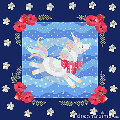 Cute dancing unicorn on blue polka dot background in beautiful floral frame. Patchwork pattern. Beautiful collection Vector Illustration