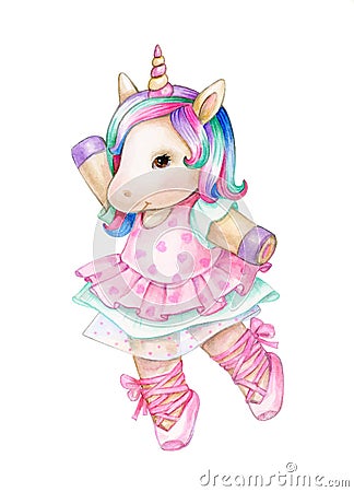 Cute, dancing unicorn, isolated on white. Watercolor illustration Stock Photo