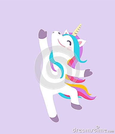 Cute dancing unicorn vector isolated on purple background. Cool patch illustration Vector Illustration