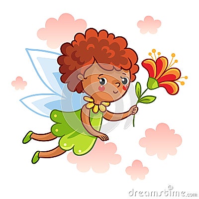 Cute dark-skinned fairy flying on the wings. Cartoon Illustration